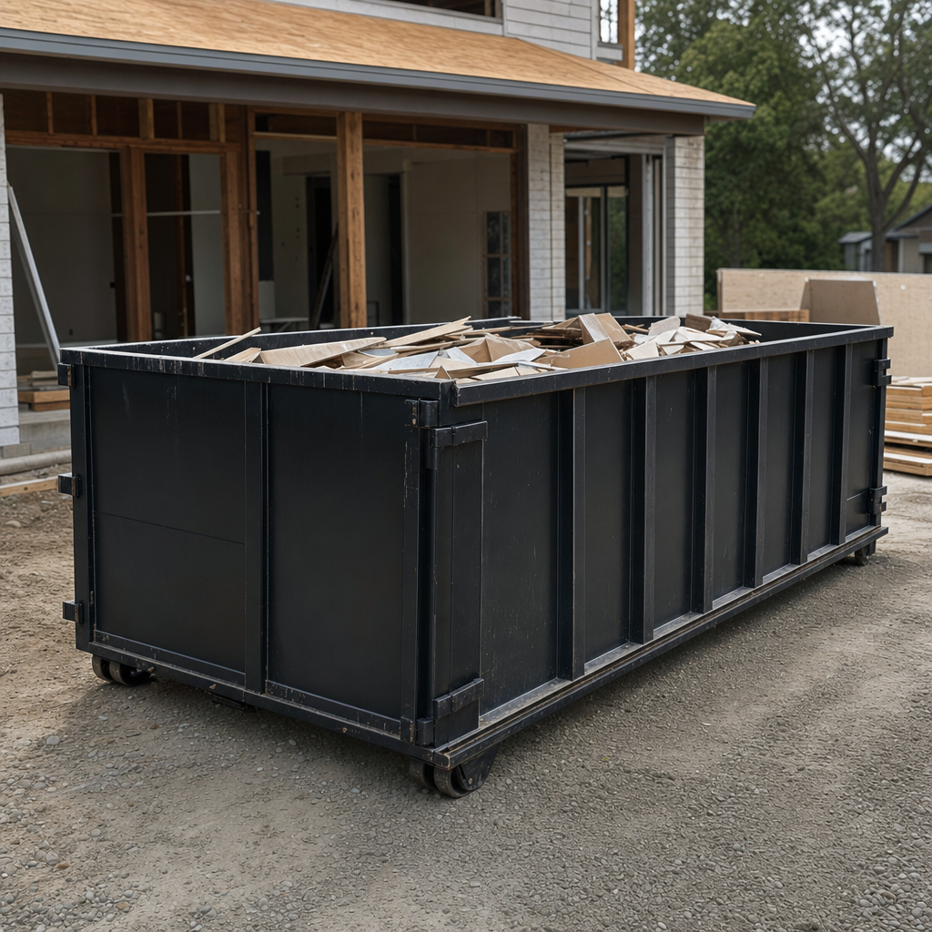 Large matte-black 30-yard construction roll-off dumpster at an active Ankeny jobsite, steel-gray top rails and bottom rollers visible, loaded with construction debris.