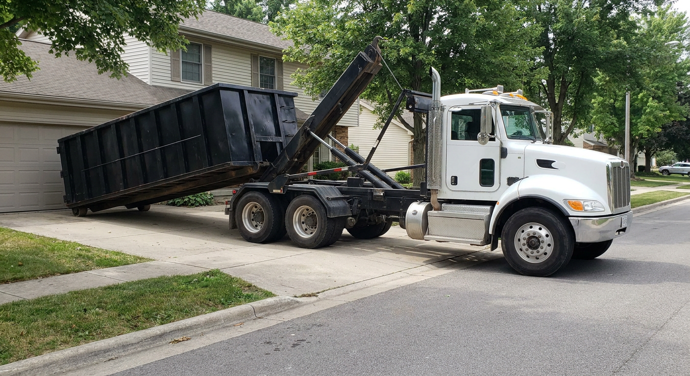 White-cab hooklift roll-off truck actively lowering a matte-black dumpster onto a Ankeny residential concrete driveway, the dumpster's rear wheels touching the driveway as the hoist arm tilts the bed forward, mid-morning daylight.