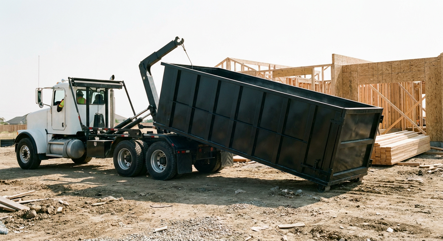 Matte-black roll-off dumpster being delivered onto a clean residential concrete driveway in Ankeny by an unmarked white hooklift hauler truck, bright morning daylight, documentary 35mm perspective.